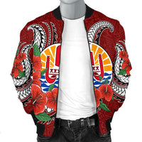 Tahiti Polynesian Men Bomber Jacket - Hibiscus Coat of Arm Red - Polynesian Pride