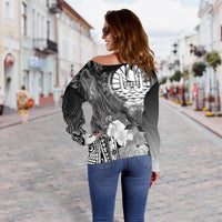 Tahiti Custom Personalised Women's Off Shoulder Sweater - Humpback Whale with Tropical Flowers (White) - Polynesian Pride