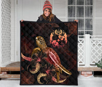 Tonga Polynesian Premium Quilt - Turtle With Blooming Hibiscus Gold - Polynesian Pride