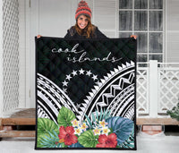 Cook Islands Premium Quilt - Cook Islands Coat of Arms & Polynesian Tropical Flowers White - Polynesian Pride