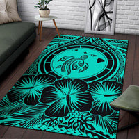 Hawaii Map Honu Hibiscus Polynesian Area Rug Turquoise AH - Polynesian Pride