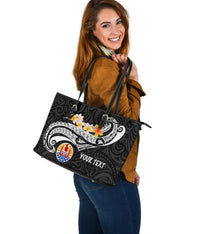 Tahiti Custom Personalised Leather Tote Bag - Tahiti Seal Polynesian Patterns Plumeria (Black) - Polynesian Pride