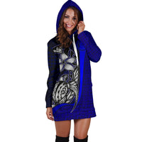Chuuk Micronesian Women's Hoodie Dress Blue - Turtle With Hook - Polynesian Pride