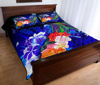 Kosrae Quilt Bed Set - Humpback Whale with Tropical Flowers (Blue) - Polynesian Pride