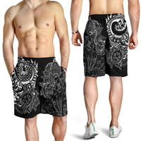 Tahiti Polynesian Men Shorts - White Turtle Hibiscus Flowing - Polynesian Pride