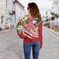 Tahiti Polynesian Women's Off Shoulder Sweater - Summer Plumeria (Red) - Polynesian Pride