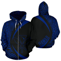 Polynesian Kanaka Maoli Map of Hawaii Zip Hoodie Blue Circle Style Unisex Blue - Polynesian Pride