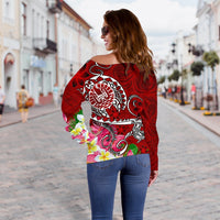Tahiti Custom Personalised Women's Off Shoulder Sweater - Turtle Plumeria (Red) - Polynesian Pride