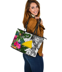 Tokelau Custom Personalised Large Leather Tote White - Turtle Plumeria Banana Leaf - Polynesian Pride