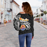 Tahiti Women's Off Shoulder Sweater - Tahiti Seal Polynesian Patterns Plumeria (Black) - Polynesian Pride
