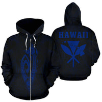 Polynesian Fish Hook Kanaka Map of Hawaii Zip Hoodie Blue Unisex Blue - Polynesian Pride
