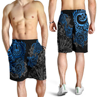 Tahiti Polynesian Men Shorts - Blue Turtle Hibiscus Flowing - Polynesian Pride