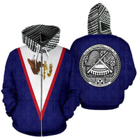 American Samoa All Over Zip up Hoodie Polynesian Over Hood Unisex Blue - Polynesian Pride