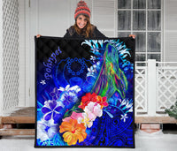 Pohnpei Premium Quilt - Humpback Whale with Tropical Flowers (Blue) - Polynesian Pride