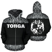 Tonga All Over Zip up Hoodie Polynesian Black and White Zip Hoodie Black And White - Polynesian Pride