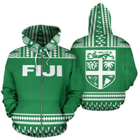 Fiji Tapa All Over Zip up Hoodie Green and White Version Unisex Green And White - Polynesian Pride