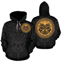 Polynesian All Over Hoodie Polynesian Face Tattoo 4 Unisex Black & GOLD - Polynesian Pride