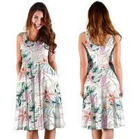 Hawaii Tropical Pattern With Orchids, Leaves And Gold Chains. Midi Dress - Polynesian Pride