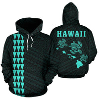 Polynesian Kakau Three Turtle Map of Hawaii Hoodie Turquoise Unisex Turquosie - Polynesian Pride