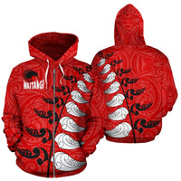 New Zealand Waitangi Day Hoodie, Maori Silver Fern Zip up Hoodie, Red Style - Polynesian Pride