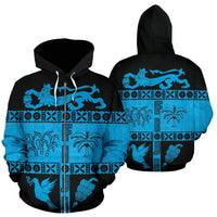 Fiji Tapa Zip Hoodie Fiji Coat of Arms Style Unisex Blue - Polynesian Pride