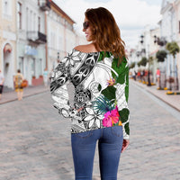 Yap Custom Personalised Women's Off Shoulder Sweater White - Turtle Plumeria Banana Leaf - Polynesian Pride