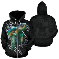 Hawaii Turtle Scratch All Over Zip up Hoodie Unisex Black - Polynesian Pride
