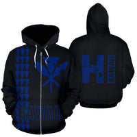 Polynesian Kakau Kanaka Map of Hawaii Zip Hoodie Blue Unisex Blue - Polynesian Pride