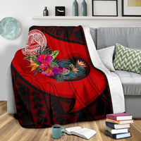 American Samoa Premium Blanket - Polynesian Hook And Hibiscus (Red) - Polynesian Pride