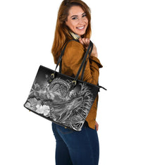 American Samoa Polynesian Custom Personalised Leather Tote Bag - Humpback Whale with Tropical Flowers (White) - Polynesian Pride