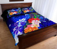 Federated States of Micronesia Quilt Bed Set - Humpback Whale with Tropical Flowers (Blue) - Polynesian Pride