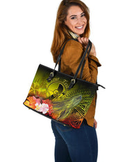 Custom Personalised Yap Large Leather Tote Bag - Humpback Whale with Tropical Flowers (Yellow) - Polynesian Pride