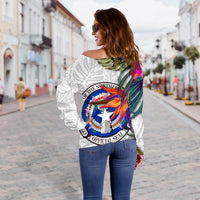 Northern Mariana Islands Women's Off Shoulder Sweater Polynesian Hibiscus White Pattern - Polynesian Pride