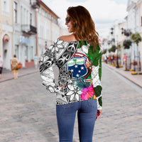 Samoa Women's Off Shoulder Sweater White - Turtle Plumeria Banana Leaf - Polynesian Pride