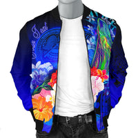 American Samoa Polynesian Custom Personalised Men's Bomber Jacket - Humpback Whale with Tropical Flowers (Blue) - Polynesian Pride