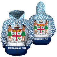 Fiji Tapa Zip Hoodie Fiji Coat of Arms Kingdom of Fiji Unisex Blue - Polynesian Pride