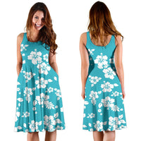 Polynesian Midi Dress - Cyan White Hibiscus - Polynesian Pride