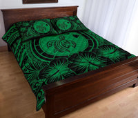 Hawaiian Map Honu Hibiscus Green Polynesian Quilt Bed Set - Polynesian Pride