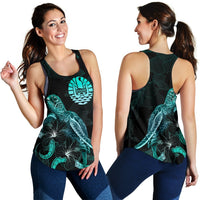 Tahiti Polynesian Women Tank Top - Turtle With Blooming Hibiscus Turquoise - Polynesian Pride