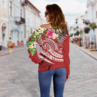 Polynesian Hawaii Women's Off Shoulder Sweater - Summer Plumeria (Red) - Polynesian Pride