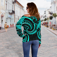 New Zealand Maori Mangopare Women Off Shoulder Sweater Polynesian - Turquoise - Polynesian Pride