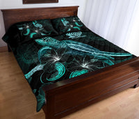 New Caledonia Polynesian Quilt Bed Set - Turtle With Blooming Hibiscus Turquoise - Polynesian Pride