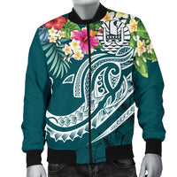 Tahiti Polynesian Men's Bomber Jacket - Summer Plumeria (Turquoise) - Polynesian Pride