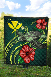 Hawaii Polynesian Premium Quilt - Green Turtle Hibiscus - Polynesian Pride