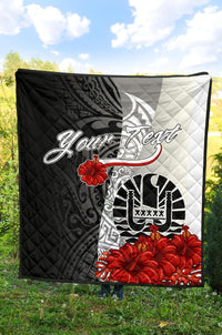 Tahiti Polynesian Custom Personalised Premium Quilt - Coat Of Arm With Hibiscus White - Polynesian Pride