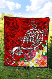 Polynesian Premium Quilt - Turtle Plumeria Red Color - Polynesian Pride