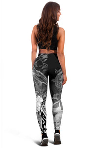 American Samoa Polynesian Women's Leggings - Humpback Whale with Tropical Flowers (White) - Polynesian Pride