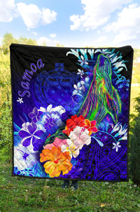 Samoa Premium Quilt - Humpback Whale with Tropical Flowers (Blue) - Polynesian Pride