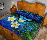 Kanaka Maoli (Hawaiian) Quilt Bed Set, Polynesian Plumeria Banana Leaves Blue - Polynesian Pride