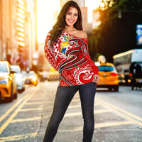 Tonga Women's Off Shoulder Sweater - Red Shark Polynesian Tattoo - Polynesian Pride